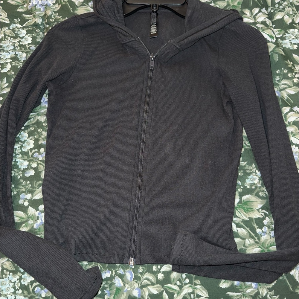 SKIMS Soot Black Cotton Ribbed Zip-Up